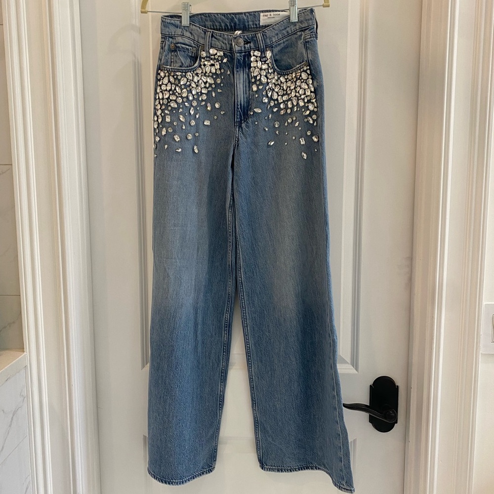 rag & bone Featherweight Sofie High Rise Wide Leg Jeans with Rhinestones
